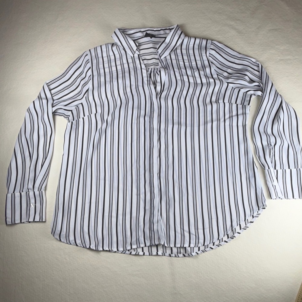 Worthington Womens XL Black White Striped Long Sleeve Split Neck Blouse Top